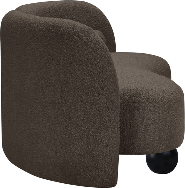 Meridian Furniture Daphne Art Deco Curved Sofa with Deep Seating and Interchangeable Wood Ball Legs for Living Rooms Brown Boucle Fabric 44003Brown-S