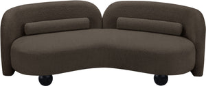 Meridian Furniture Daphne Art Deco Curved Sofa with Deep Seating and Interchangeable Wood Ball Legs for Living Rooms Brown Boucle Fabric 44003Brown-S