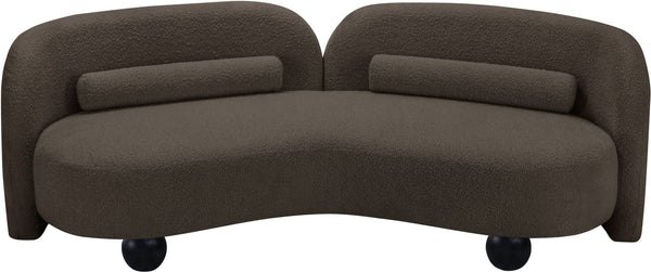 Meridian Furniture Daphne Art Deco Curved Sofa with Deep Seating and Interchangeable Wood Ball Legs for Living Rooms Brown Boucle Fabric 44003Brown-S