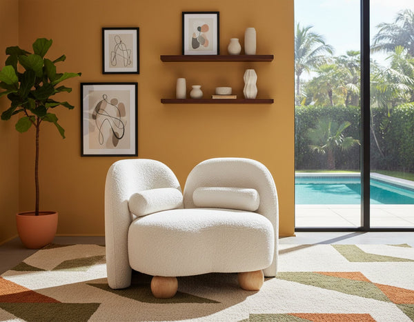 Meridian Furniture Daphne Art Deco Accent Chair Sculptural Curves Ball Legs for Living Room or Bedroom Cream Boucle Fabric 44003Cream-C