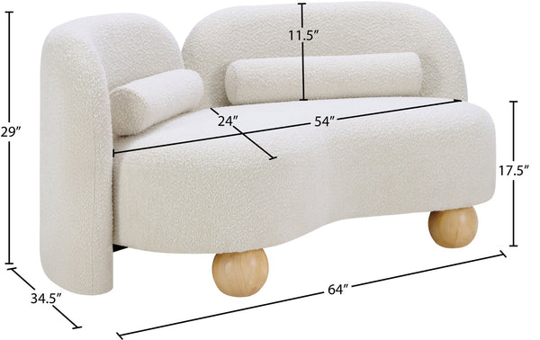 Meridian Furniture Daphne Art Deco Curved Loveseat with Swappable Wood Legs and Plush Upholstery for Living Rooms Cream Boucle Fabric 44003Cream-L