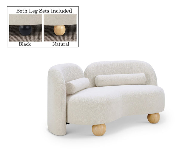 Meridian Furniture Daphne Art Deco Curved Loveseat with Swappable Wood Legs and Plush Upholstery for Living Rooms Cream Boucle Fabric 44003Cream-L
