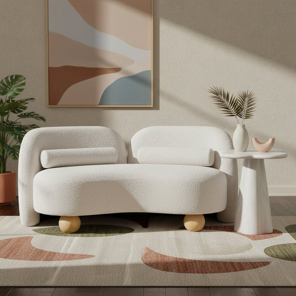 Meridian Furniture Daphne Art Deco Curved Loveseat with Swappable Wood Legs and Plush Upholstery for Living Rooms Cream Boucle Fabric 44003Cream-L