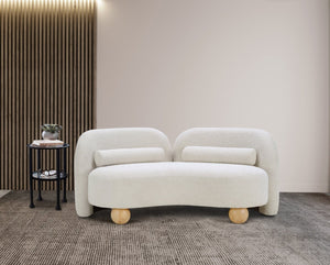 Meridian Furniture Daphne Art Deco Curved Loveseat with Swappable Wood Legs and Plush Upholstery for Living Rooms Cream Boucle Fabric 44003Cream-L