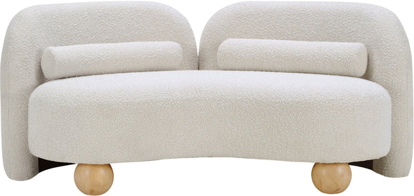 Meridian Furniture Daphne Art Deco Curved Loveseat with Swappable Wood Legs and Plush Upholstery for Living Rooms Cream Boucle Fabric 44003Cream-L