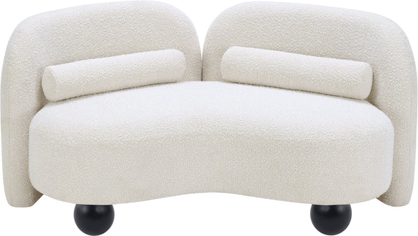 Meridian Furniture Daphne Art Deco Curved Loveseat with Swappable Wood Legs and Plush Upholstery for Living Rooms Cream Boucle Fabric 44003Cream-L