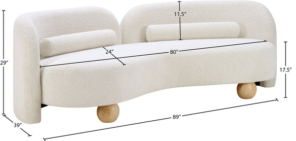 Meridian Furniture Daphne Art Deco Curved Sofa with Deep Seating and Interchangeable Wood Ball Legs for Living Rooms Cream Boucle Fabric 44003Cream-S