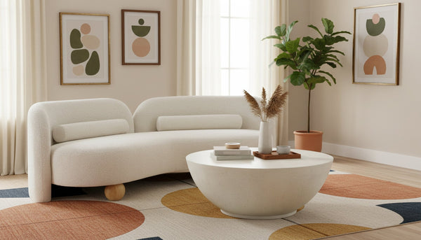 Meridian Furniture Daphne Art Deco Curved Sofa with Deep Seating and Interchangeable Wood Ball Legs for Living Rooms Cream Boucle Fabric 44003Cream-S