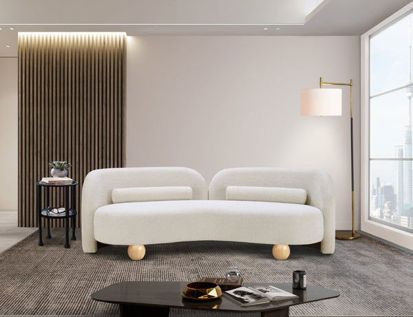 Meridian Furniture Daphne Art Deco Curved Sofa with Deep Seating and Interchangeable Wood Ball Legs for Living Rooms Cream Boucle Fabric 44003Cream-S
