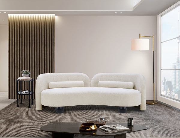 Meridian Furniture Daphne Art Deco Curved Sofa with Deep Seating and Interchangeable Wood Ball Legs for Living Rooms Cream Boucle Fabric 44003Cream-S