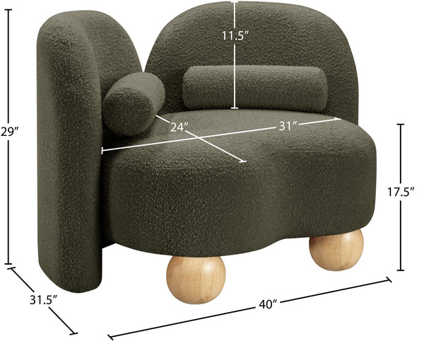 Meridian Furniture Daphne Art Deco Accent Chair Sculptural Curves Ball Legs for Living Room or Bedroom Olive Boucle Fabric 44003Olive-C