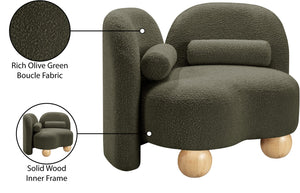 Meridian Furniture Daphne Art Deco Accent Chair Sculptural Curves Ball Legs for Living Room or Bedroom Olive Boucle Fabric 44003Olive-C