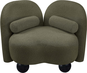 Meridian Furniture Daphne Art Deco Accent Chair Sculptural Curves Ball Legs for Living Room or Bedroom Olive Boucle Fabric 44003Olive-C