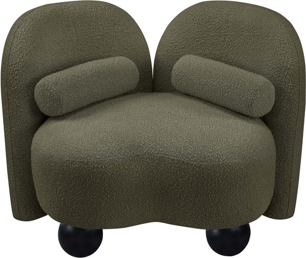 Meridian Furniture Daphne Art Deco Accent Chair Sculptural Curves Ball Legs for Living Room or Bedroom Olive Boucle Fabric 44003Olive-C