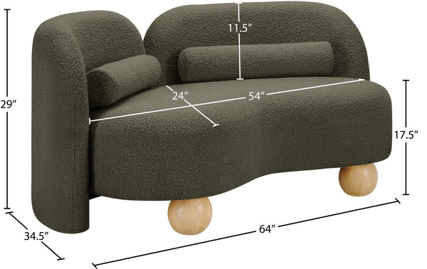 Meridian Furniture Daphne Art Deco Curved Loveseat with Swappable Wood Legs and Plush Upholstery for Living Rooms Olive Boucle Fabric 44003Olive-L