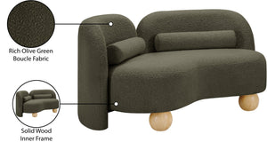 Meridian Furniture Daphne Art Deco Curved Loveseat with Swappable Wood Legs and Plush Upholstery for Living Rooms Olive Boucle Fabric 44003Olive-L