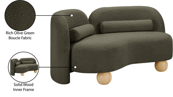 Meridian Furniture Daphne Art Deco Curved Loveseat with Swappable Wood Legs and Plush Upholstery for Living Rooms Olive Boucle Fabric 44003Olive-L