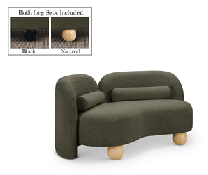 Meridian Furniture Daphne Art Deco Curved Loveseat with Swappable Wood Legs and Plush Upholstery for Living Rooms Olive Boucle Fabric 44003Olive-L
