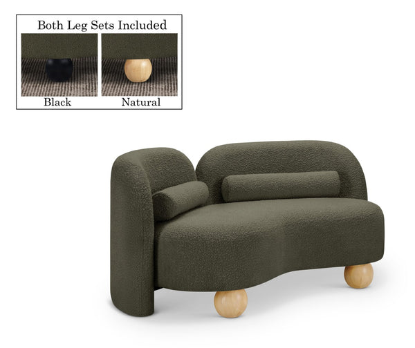 Meridian Furniture Daphne Art Deco Curved Loveseat with Swappable Wood Legs and Plush Upholstery for Living Rooms Olive Boucle Fabric 44003Olive-L