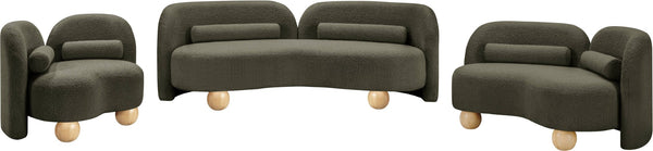 Meridian Furniture Daphne Art Deco Curved Loveseat with Swappable Wood Legs and Plush Upholstery for Living Rooms Olive Boucle Fabric 44003Olive-L
