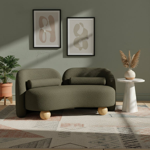 Meridian Furniture Daphne Art Deco Curved Loveseat with Swappable Wood Legs and Plush Upholstery for Living Rooms Olive Boucle Fabric 44003Olive-L
