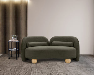 Meridian Furniture Daphne Art Deco Curved Loveseat with Swappable Wood Legs and Plush Upholstery for Living Rooms Olive Boucle Fabric 44003Olive-L