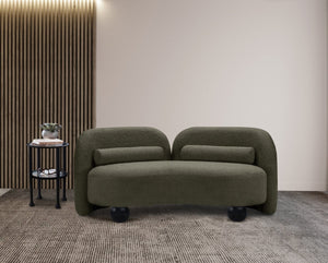 Meridian Furniture Daphne Art Deco Curved Loveseat with Swappable Wood Legs and Plush Upholstery for Living Rooms Olive Boucle Fabric 44003Olive-L