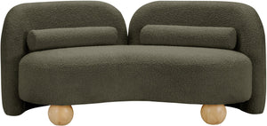 Meridian Furniture Daphne Art Deco Curved Loveseat with Swappable Wood Legs and Plush Upholstery for Living Rooms Olive Boucle Fabric 44003Olive-L