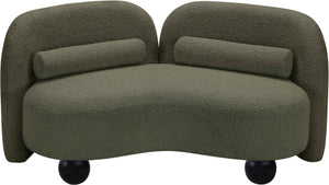 Meridian Furniture Daphne Art Deco Curved Loveseat with Swappable Wood Legs and Plush Upholstery for Living Rooms Olive Boucle Fabric 44003Olive-L