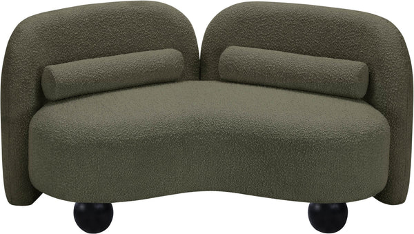 Meridian Furniture Daphne Art Deco Curved Loveseat with Swappable Wood Legs and Plush Upholstery for Living Rooms Olive Boucle Fabric 44003Olive-L