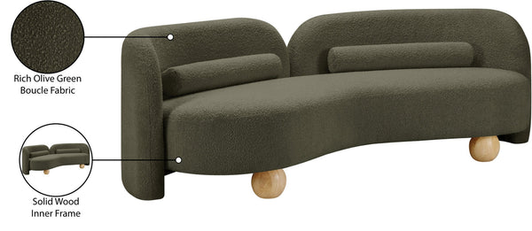 Meridian Furniture Daphne Art Deco Curved Sofa with Deep Seating and Interchangeable Wood Ball Legs for Living Rooms Olive Boucle Fabric 44003Olive-S