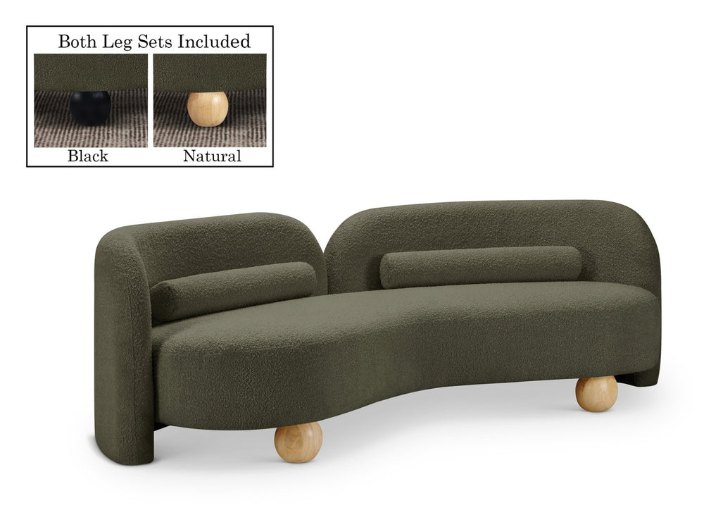 Meridian Furniture Daphne Art Deco Curved Sofa with Deep Seating and Interchangeable Wood Ball Legs for Living Rooms Olive Boucle Fabric 44003Olive-S