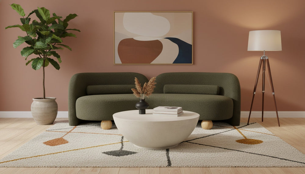 Meridian Furniture Daphne Art Deco Curved Sofa with Deep Seating and Interchangeable Wood Ball Legs for Living Rooms Olive Boucle Fabric 44003Olive-S
