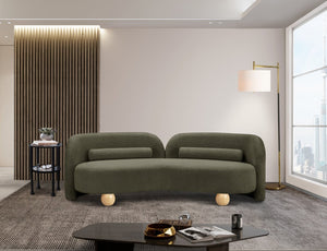 Meridian Furniture Daphne Art Deco Curved Sofa with Deep Seating and Interchangeable Wood Ball Legs for Living Rooms Olive Boucle Fabric 44003Olive-S