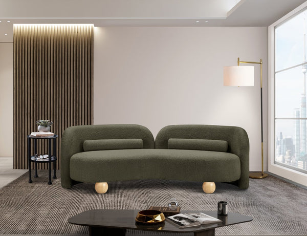 Meridian Furniture Daphne Art Deco Curved Sofa with Deep Seating and Interchangeable Wood Ball Legs for Living Rooms Olive Boucle Fabric 44003Olive-S