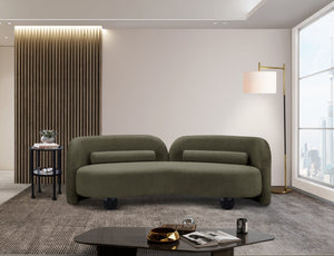 Meridian Furniture Daphne Art Deco Curved Sofa with Deep Seating and Interchangeable Wood Ball Legs for Living Rooms Olive Boucle Fabric 44003Olive-S
