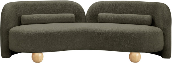Meridian Furniture Daphne Art Deco Curved Sofa with Deep Seating and Interchangeable Wood Ball Legs for Living Rooms Olive Boucle Fabric 44003Olive-S