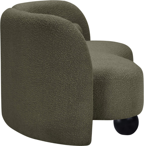 Meridian Furniture Daphne Art Deco Curved Sofa with Deep Seating and Interchangeable Wood Ball Legs for Living Rooms Olive Boucle Fabric 44003Olive-S