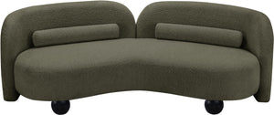 Meridian Furniture Daphne Art Deco Curved Sofa with Deep Seating and Interchangeable Wood Ball Legs for Living Rooms Olive Boucle Fabric 44003Olive-S