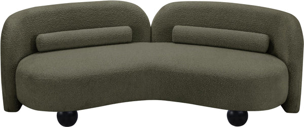 Meridian Furniture Daphne Art Deco Curved Sofa with Deep Seating and Interchangeable Wood Ball Legs for Living Rooms Olive Boucle Fabric 44003Olive-S