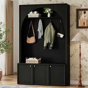 English Elm On-trend Farmhouse Hall Tree Arched Cabinet Storage Bench with Golden Hooks Mudroom Black N721S000080B