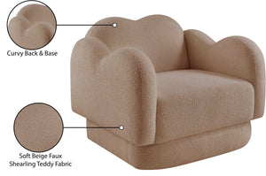 Meridian Furniture Bloom Sculptural Accent Chair Plush Curved Back Design for Modern Living Room or Bedroom Beige Faux Shearling Teddy Fabric 44006Beige-C