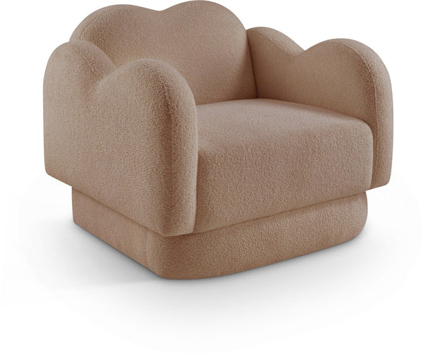 Meridian Furniture Bloom Sculptural Accent Chair Plush Curved Back Design for Modern Living Room or Bedroom Beige Faux Shearling Teddy Fabric 44006Beige-C