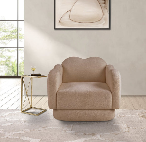 Meridian Furniture Bloom Sculptural Accent Chair Plush Curved Back Design for Modern Living Room or Bedroom Beige Faux Shearling Teddy Fabric 44006Beige-C