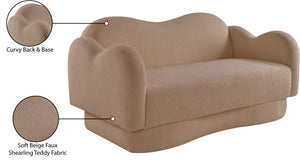 Meridian Furniture Bloom Sculptural Loveseat with Curved Cloud Silhouette and Plush Upholstery for Modern Living Beige Faux Shearling Teddy Fabric 44006Beige-L