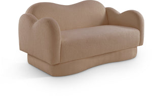 Meridian Furniture Bloom Sculptural Loveseat with Curved Cloud Silhouette and Plush Upholstery for Modern Living Beige Faux Shearling Teddy Fabric 44006Beige-L