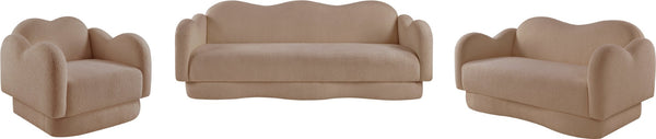 Meridian Furniture Bloom Sculptural Loveseat with Curved Cloud Silhouette and Plush Upholstery for Modern Living Beige Faux Shearling Teddy Fabric 44006Beige-L