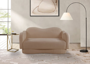 Meridian Furniture Bloom Sculptural Loveseat with Curved Cloud Silhouette and Plush Upholstery for Modern Living Beige Faux Shearling Teddy Fabric 44006Beige-L