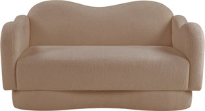 Meridian Furniture Bloom Sculptural Loveseat with Curved Cloud Silhouette and Plush Upholstery for Modern Living Beige Faux Shearling Teddy Fabric 44006Beige-L