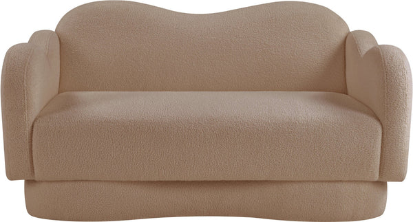 Meridian Furniture Bloom Sculptural Loveseat with Curved Cloud Silhouette and Plush Upholstery for Modern Living Beige Faux Shearling Teddy Fabric 44006Beige-L